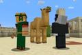 Image of Minecraft camels towering over two Minecraft players