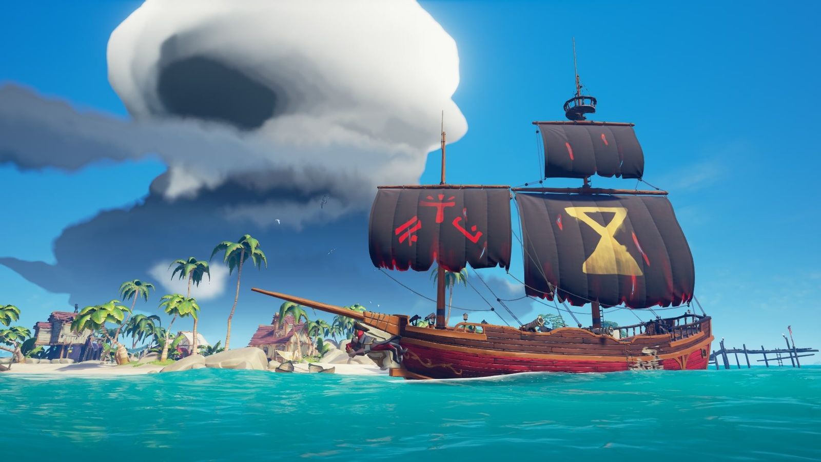 Sea of Thieves ship with island and dark cloud in background