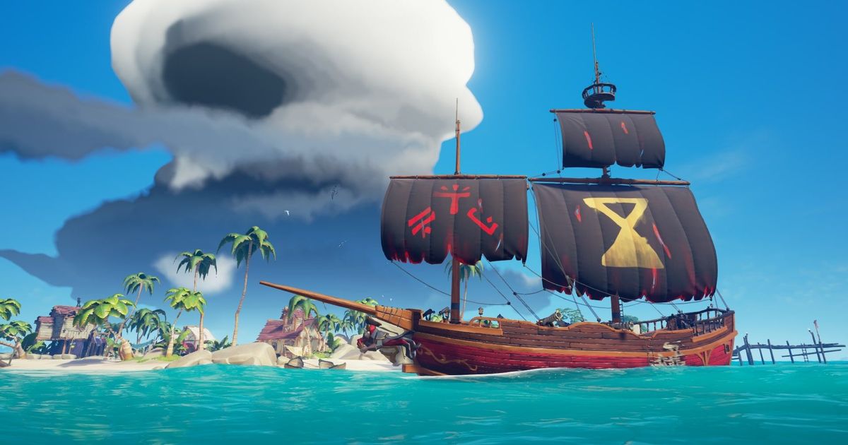 Sea of Thieves ship with island and dark cloud in background