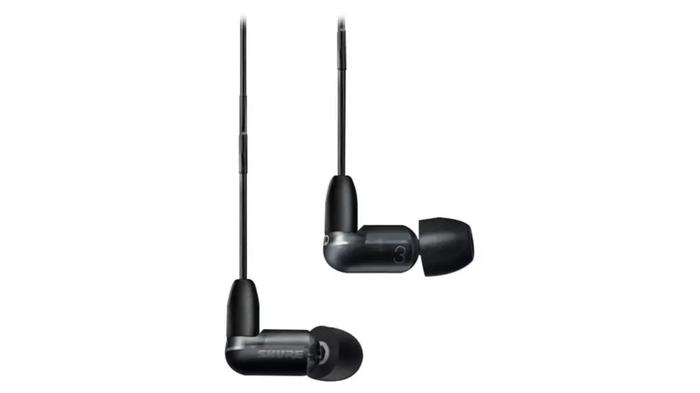 Best wired earbuds - Shure AONIC 3 product image of two black wired earbuds side-by-side.