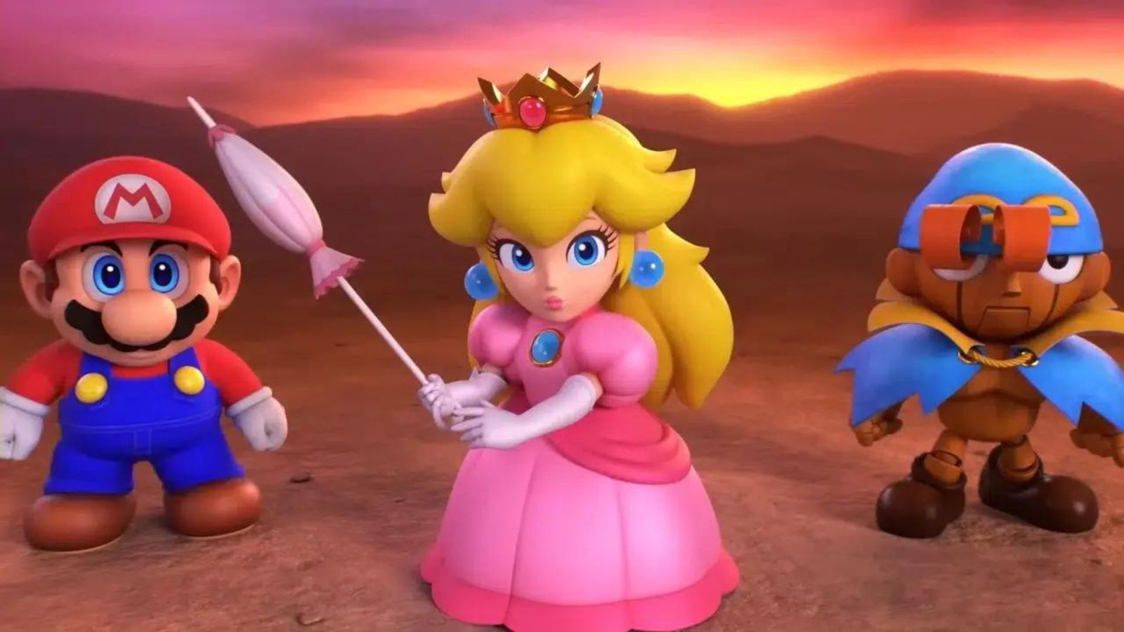 Nintendo characters Mario, Peach, and Geno in Super Mario RPG