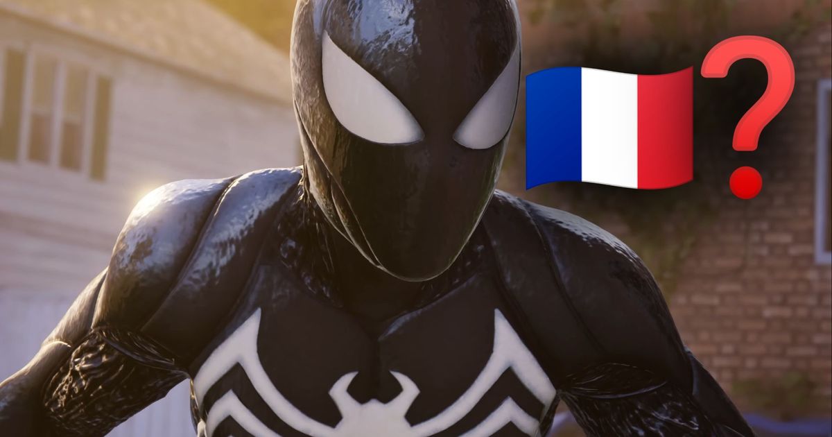 Spider-man in the Venom suit alongside a french flag and question mark, as if to question if the viewer is French