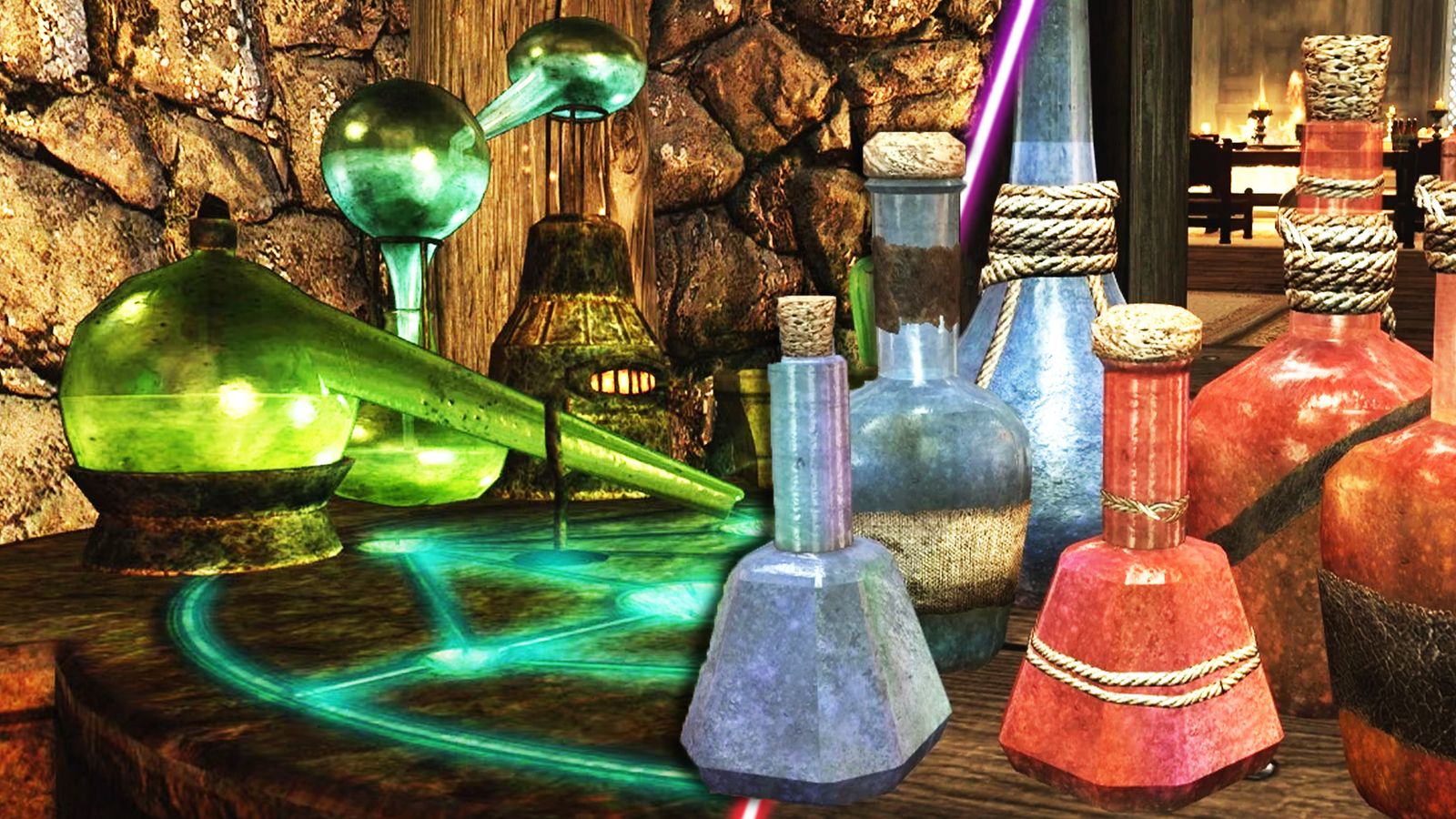 Some potions and an alchemy lab in Skyrim.