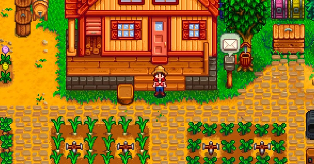 Stardew Valley player standing outside of house