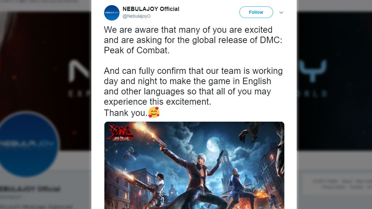 A now-deleted tweet showing NebulaJoy and Capcom have plans to translate and release Devil May Cry: Peak of Combat in English and other languages.