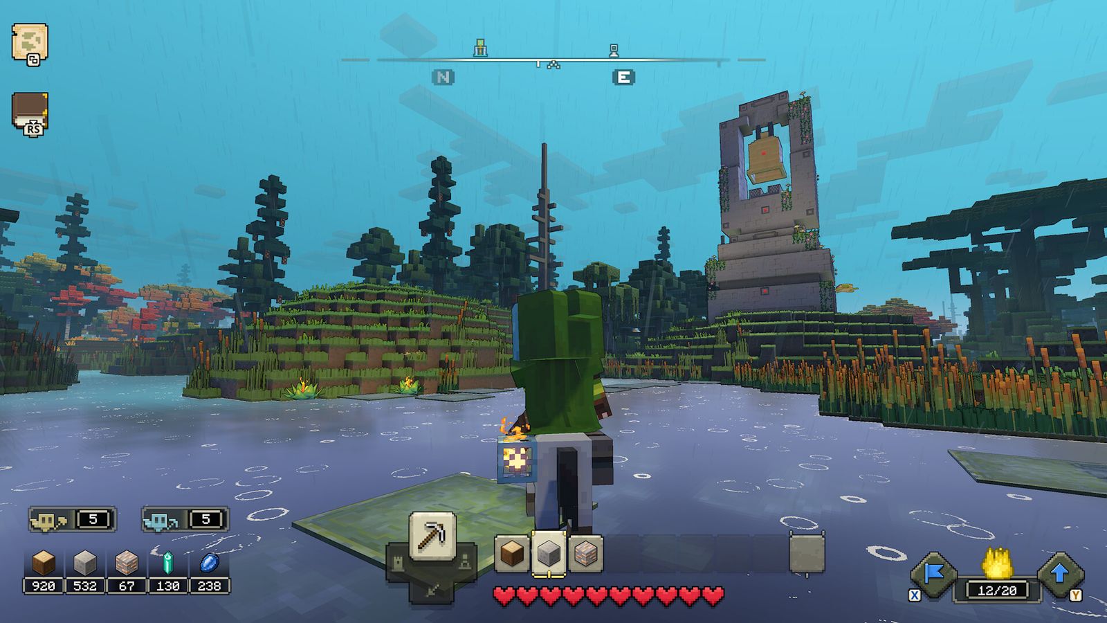 In-game image from Minecraft Legends of a character wearing green riding a horse across water.