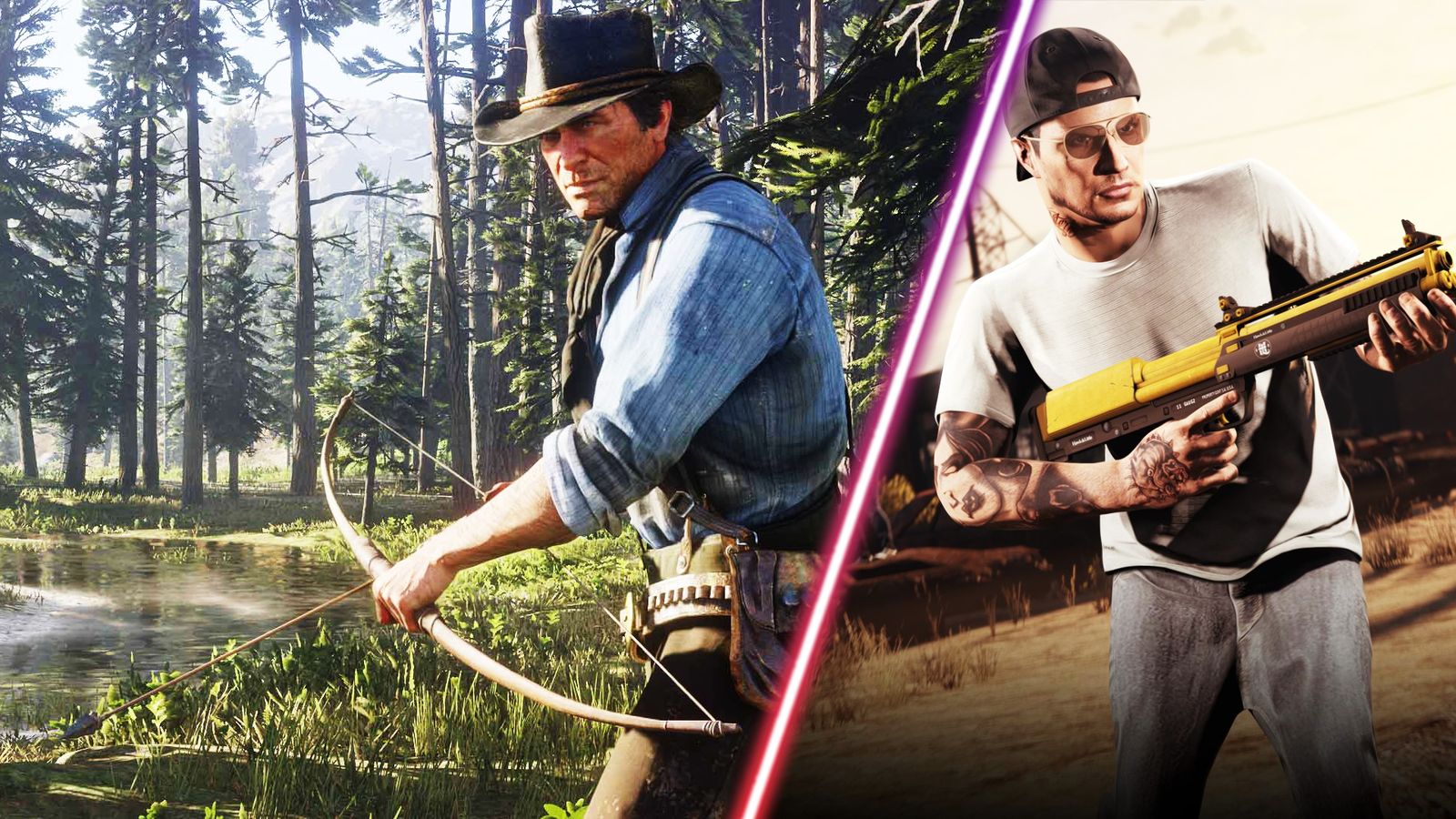 Red Dead Redemption 2's Arthur Morgan alongside the GTA Online protagonist.