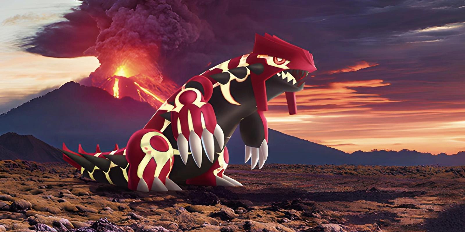 Pokemon Go - large red, gold, and black lizard pokemon (Groudon) in front of an erupting volcano.