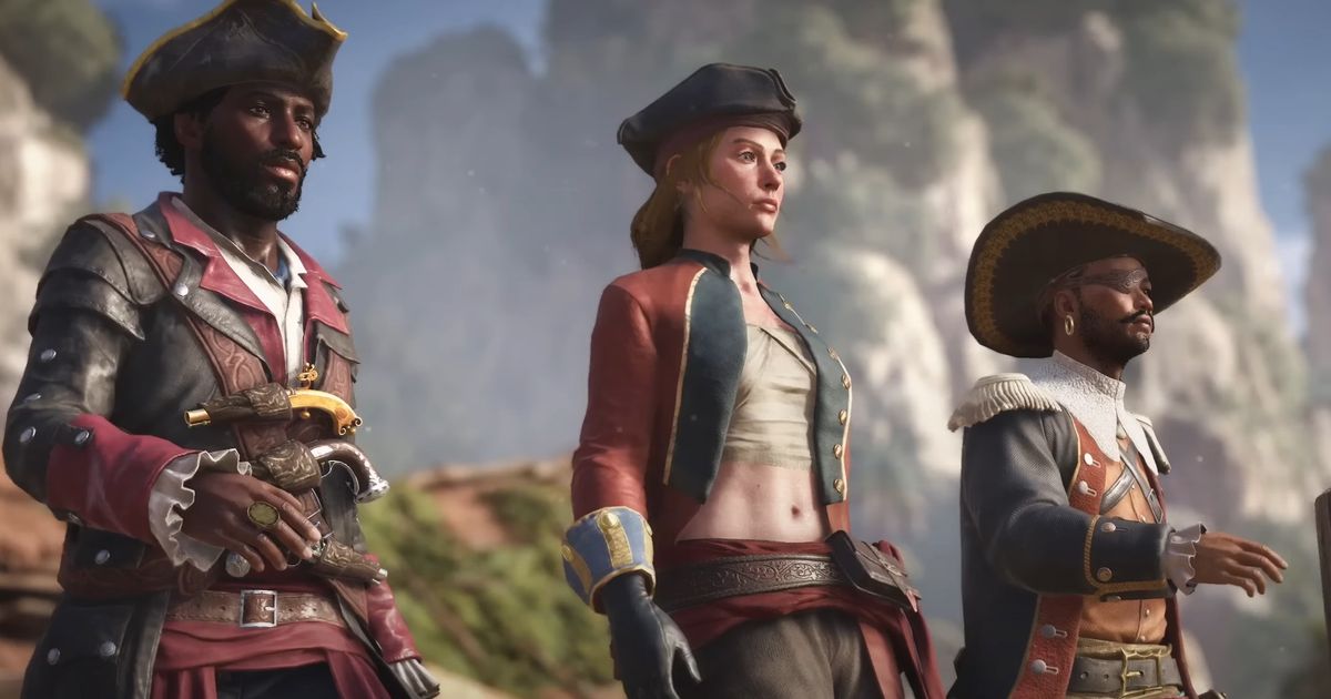 Skull and Bones - three pirates stood next to one another, looking to the right