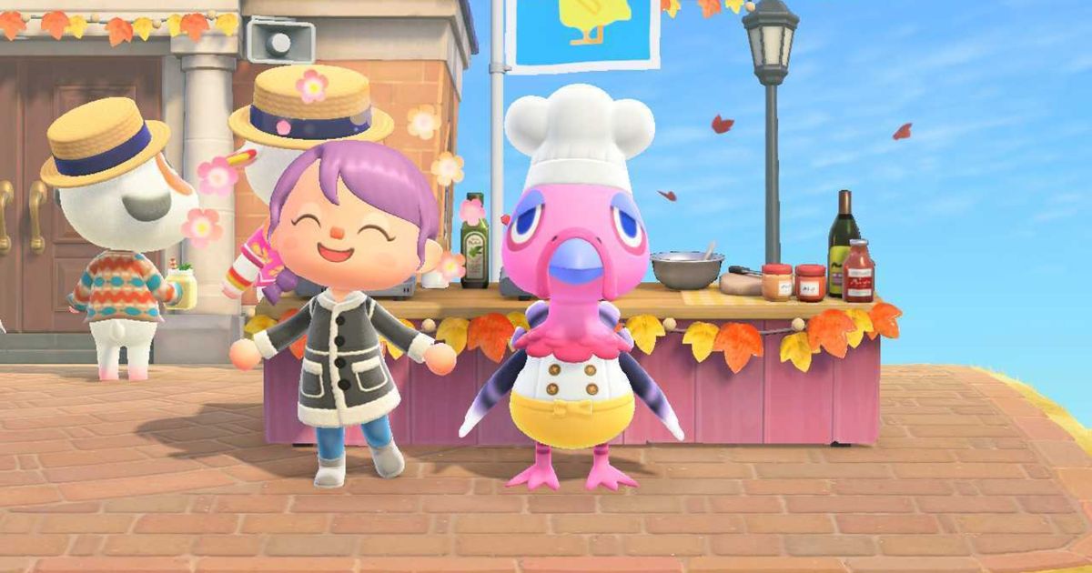 Animal Crossing New Horizons Turkey Day Franklin and Character in the plaza outside resident services.