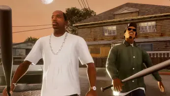 GTA Trilogy San Andreas with CJ holding a baseball bat