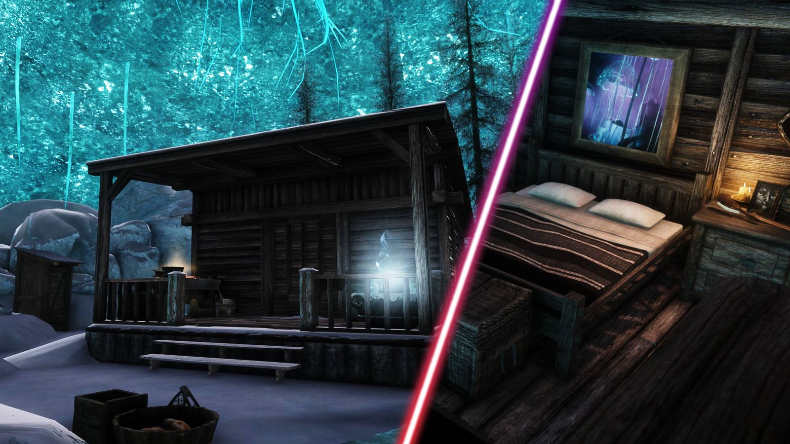 A cottagecore-style magical cabin in Skyrim.