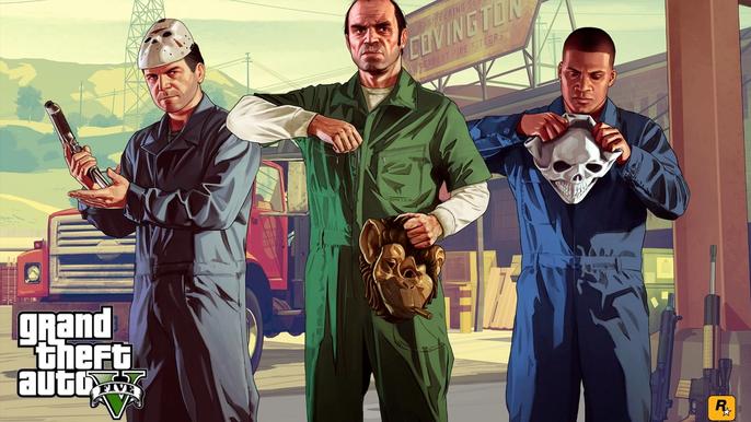 GTA 5 Blitz Play Official Art. Michael, Trevor and Franklin are all wearing boiler suits while holding different masks.