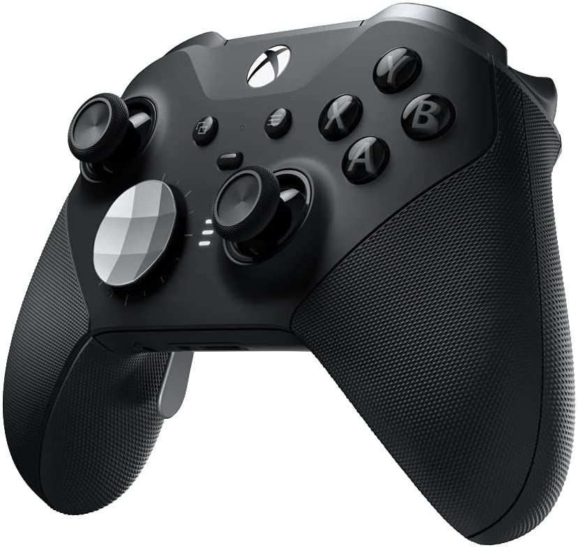 Xbox Elite Series 2 product image of a black gamepad with a white and grey gradient touchpad on the left.