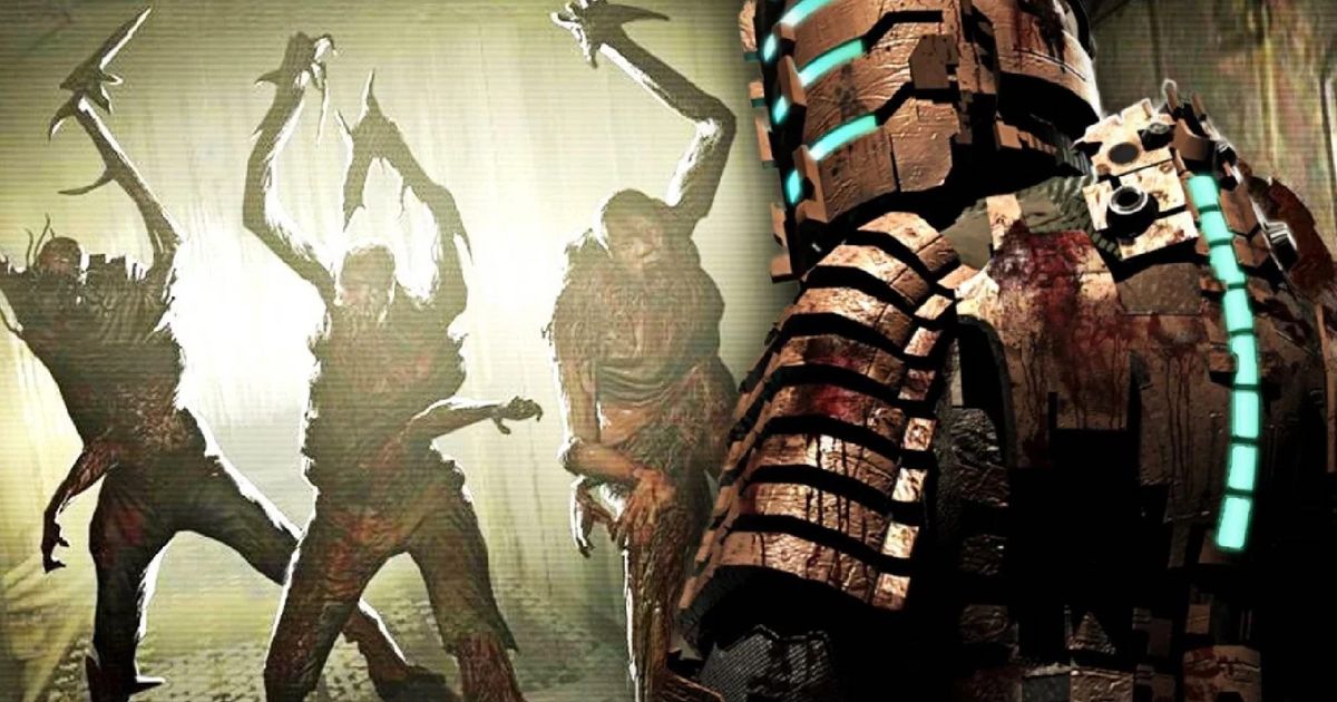 Dead Space’s Isaac Clarke facing off against three Necromorphs in a dingy, lit corridor 