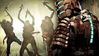 Dead Space’s Isaac Clarke facing off against three Necromorphs in a dingy, lit corridor 