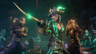Sea of THieves player pointing sword with pirates in background
