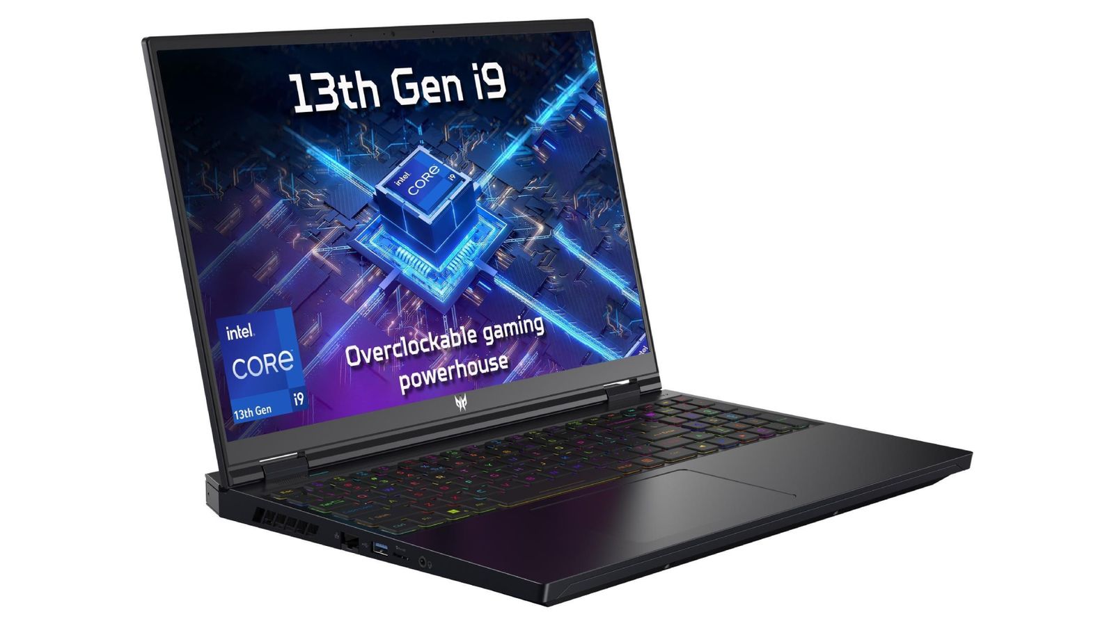 Best Final Fantasy XVI gaming laptop - Acer Predator Helios 16 product image of a black laptop featuring multi-coloured backlit keys and a graphic for the 13th Gen Intel Core i9 processor on the display in blue.