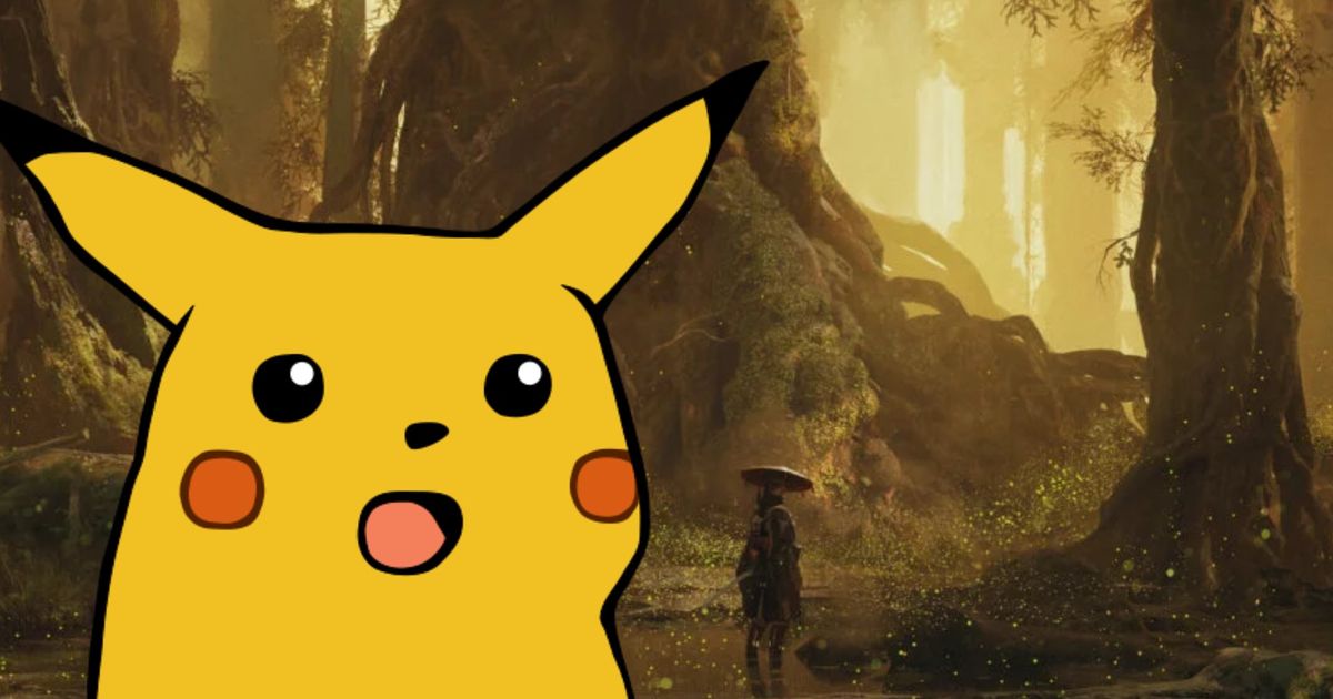 Surprised Pikachu on top of Project Bloom concept art in a Forrest 