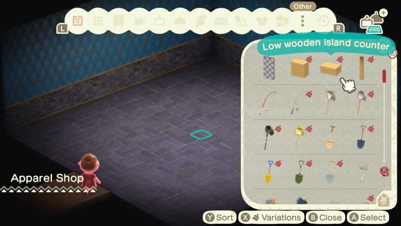 Animal Crossing New Horizons Happy Home Paradise. The furniture menu is on the others option. A low wooden island counter has been selected from the variety of item options. 