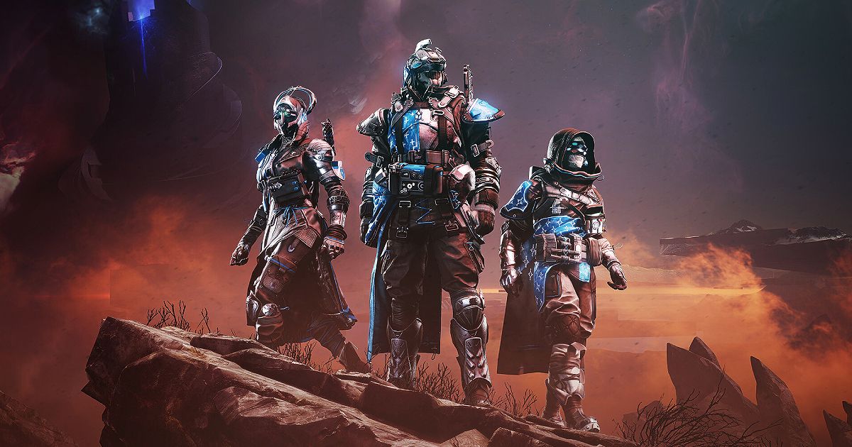 Three armored characters from Destiny 2 standing on top of a brown rock.