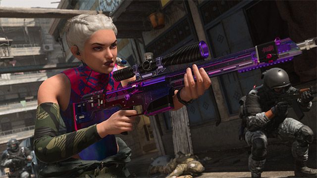 Screenshot of Warzone Izzy Operator carrying purple sniper rifle