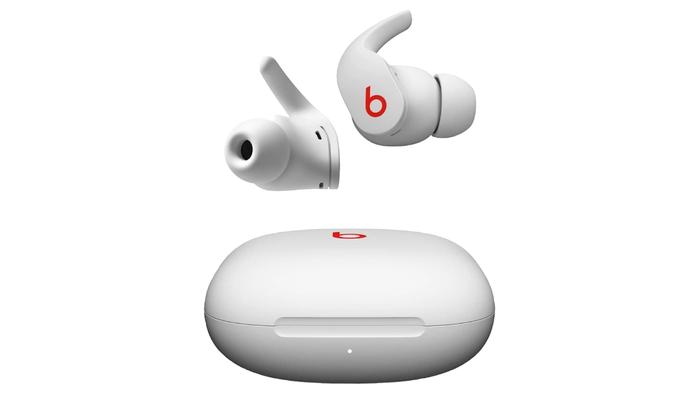 Best iPhone earbuds - Beats Fit Pro product image of a of white wireless earbuds with red Beats branding above a charging case.