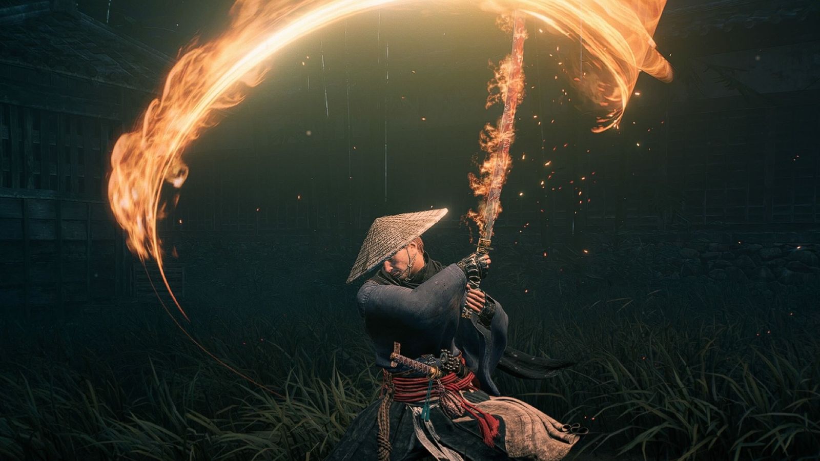 Veiled Edge swinging a flaming sword in Rise of the Ronin game