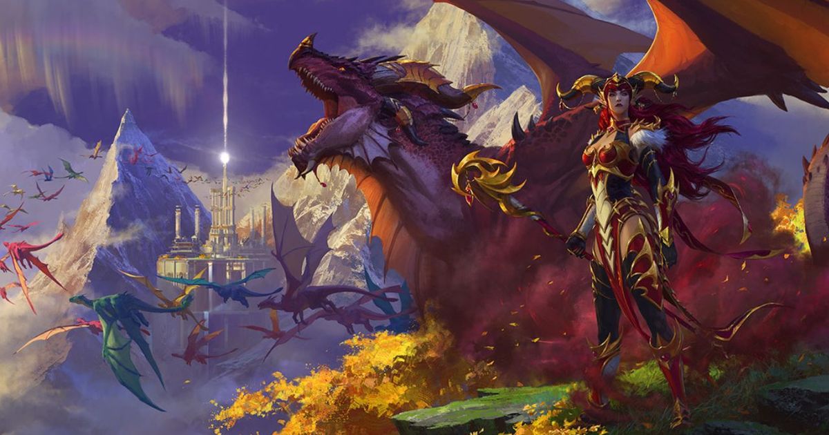 A woman and multiple dragons are next to the kingdom in WoW Dragonflight.