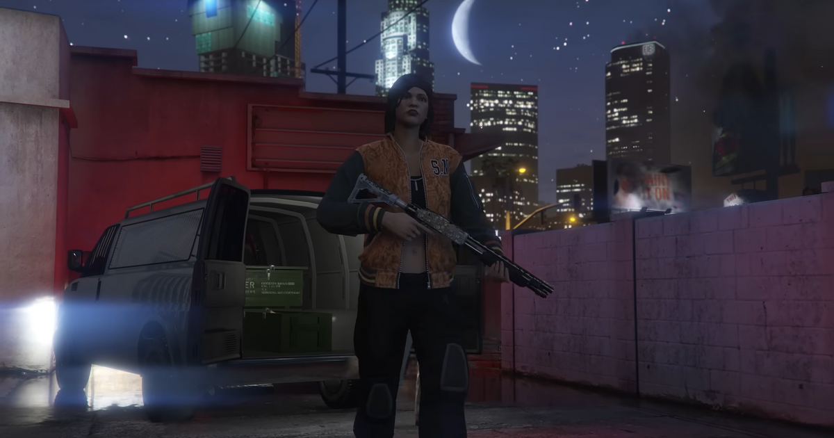 GTA Online lady walking with a gun that she bought from the Gun Van behind her.