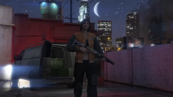 GTA Online lady walking with a gun that she bought from the Gun Van behind her.