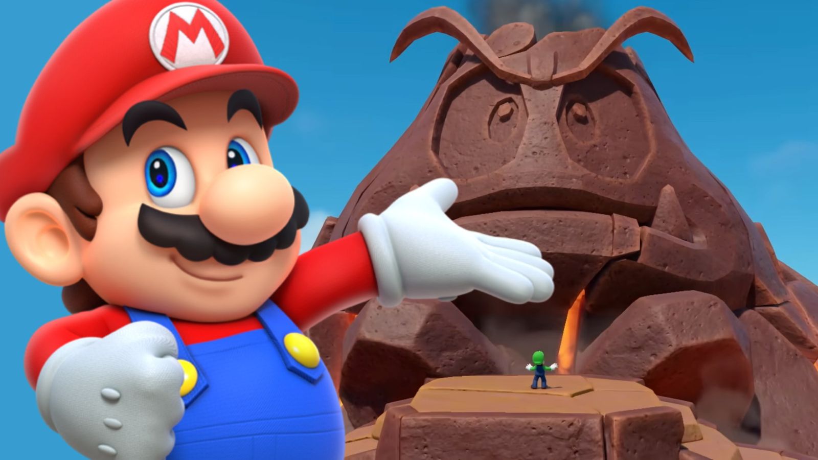 Super Mario Party Jamboree gameplay showing Mario gesturing towards a Volcano shaped like a Goomba. 