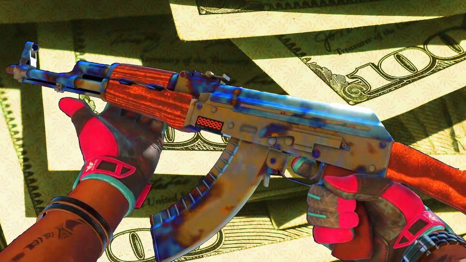 A Counter-Strike 2 StatTrak Factory New AK-47 in Blue Gem pattern 661 weapon on top of a money background