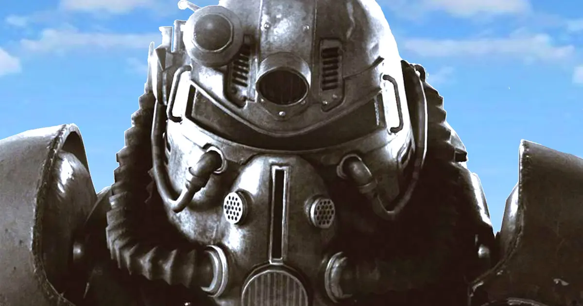 A fallout brotherhood of steel power armour wearer standing in front of a gorgeous blue sky