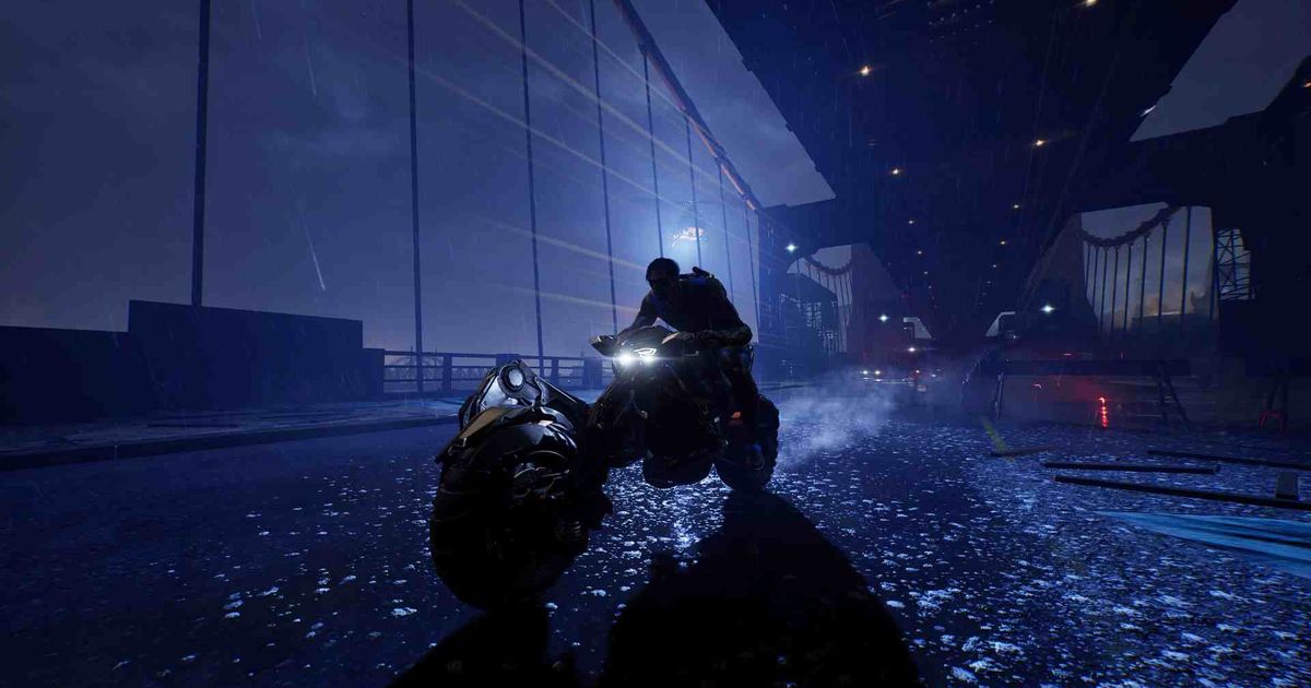 Nightwing riding the Batcycle along a moonlit bridge in Gotham Knights.