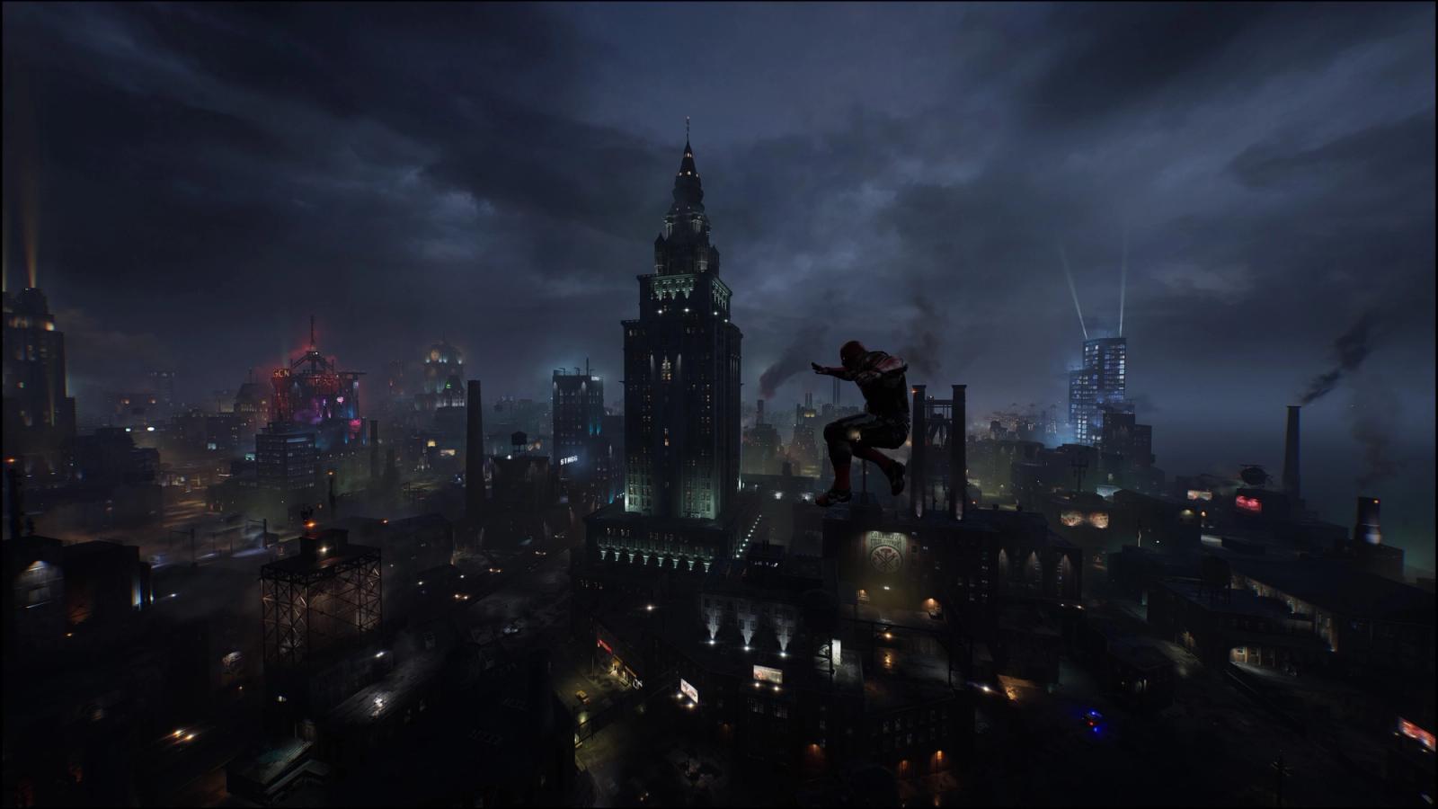 Red Hood gliding across Gotham City in Gotham Knights