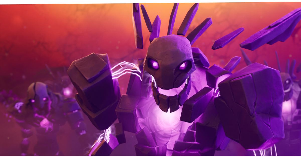 This image features a purple stone zombie from Fortnite Chapter 2 Season 8