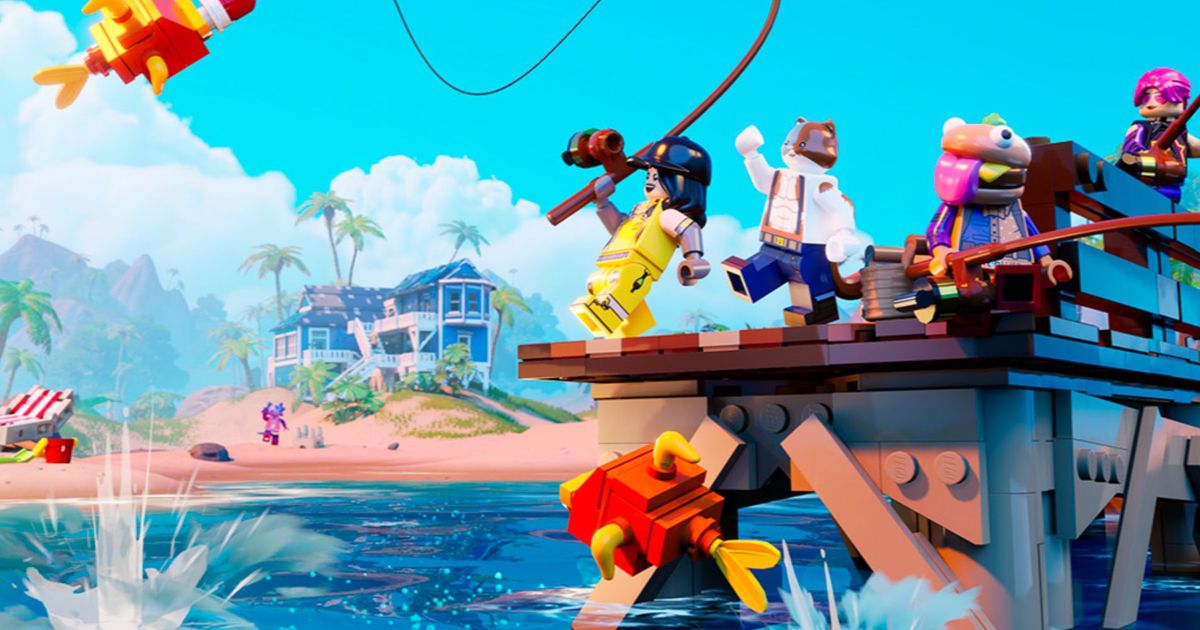 lego characters trying to catch a fish with fishing rod in lego fortnite