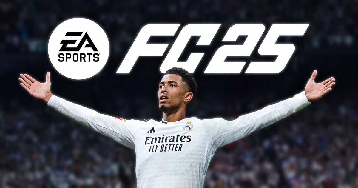 Jude Bellingham with his arms open displaying EA Sports FC 25's logo in white above them.