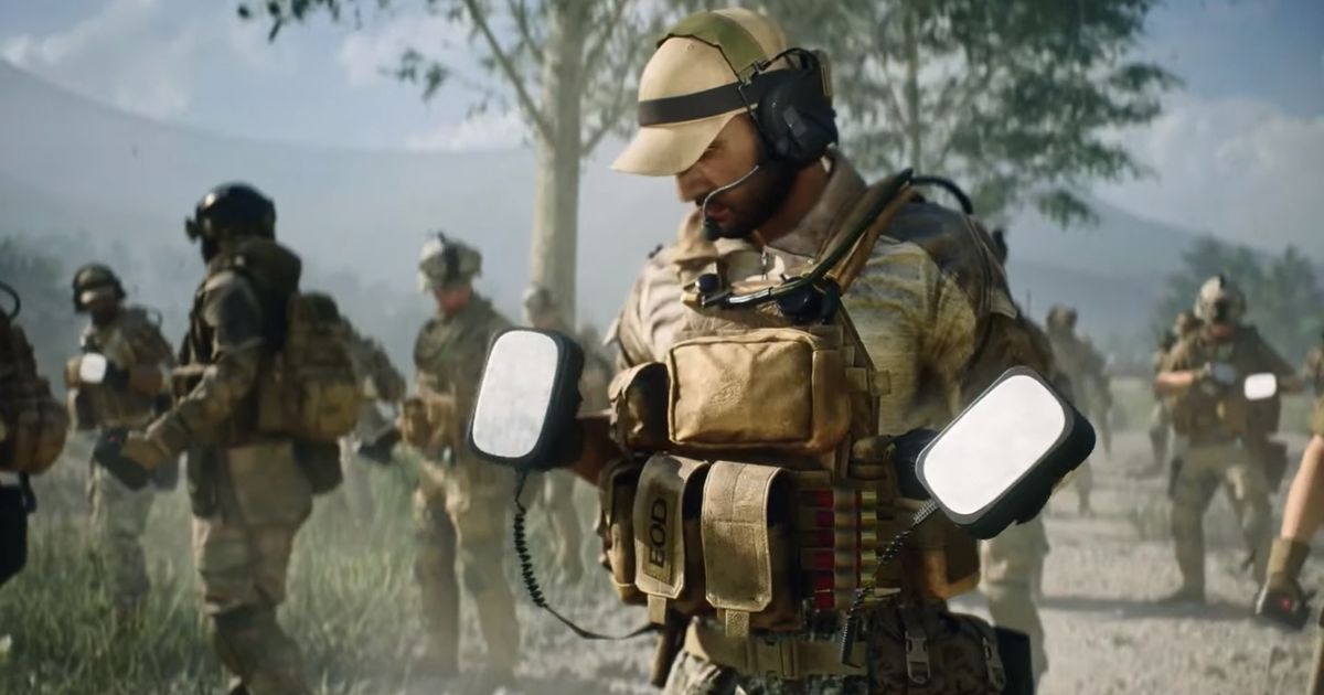 A Battlefield 2042 operator wielding a defibrilator.