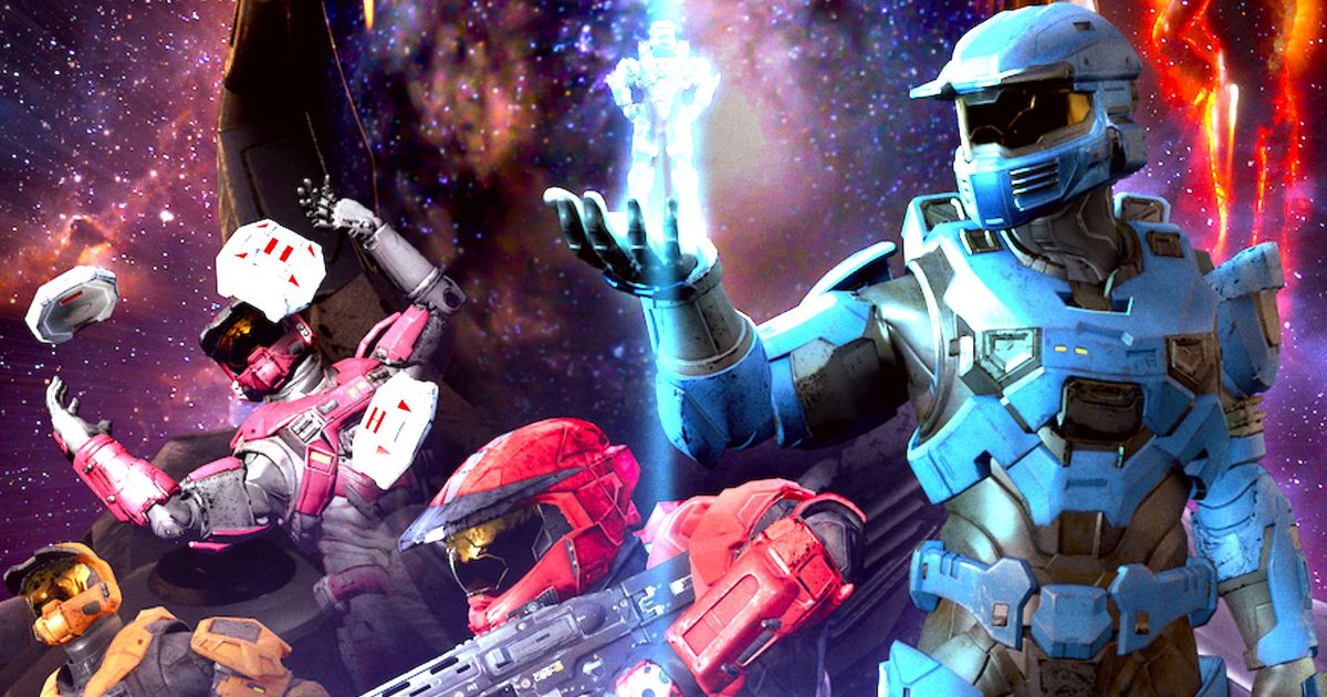 Red vs Blue: Restoration poster featuring Griff, Simmons, Sarge and Caboose holding Epsilon 