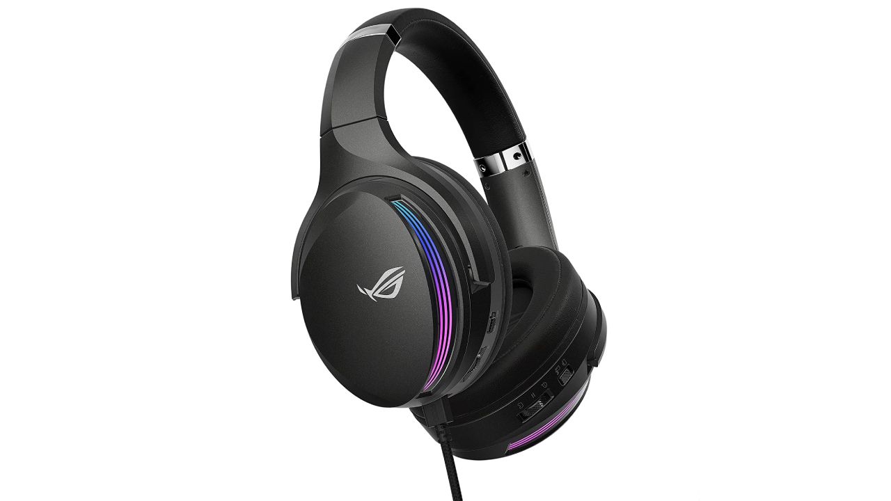 ASUS ROG Fusion II 500 product image of a black over-ear headset featuring grey branding and purple and blue lighting.