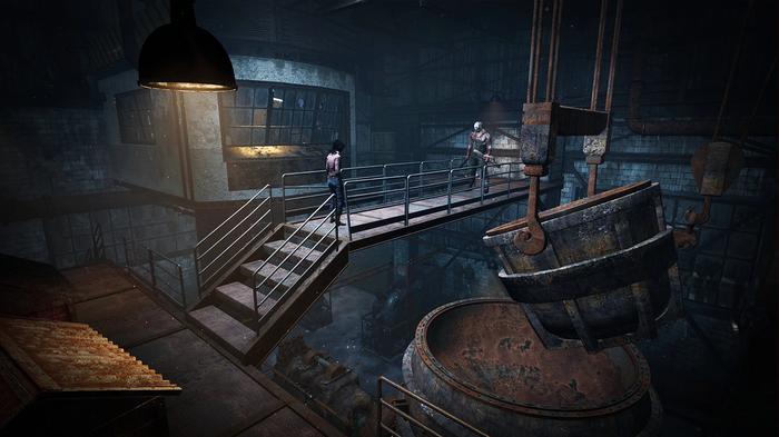 An old, derelict factory. There are two people standing on the top gangway, a survivor and a killer.