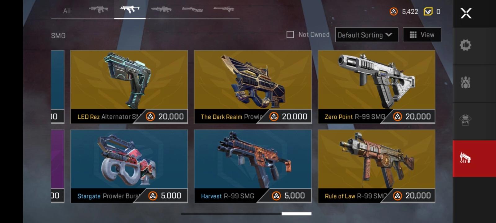 Six skins for Apex Legends Mobile weapons in an in-game menu.