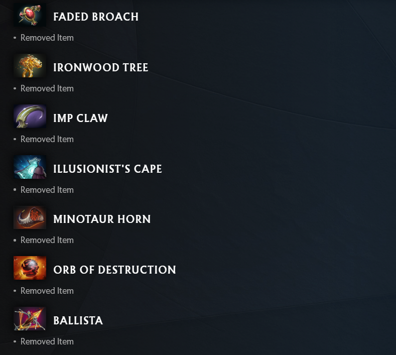 This image shows a list of all the removed neutral items from DOTA 2 after update 7.30's release.