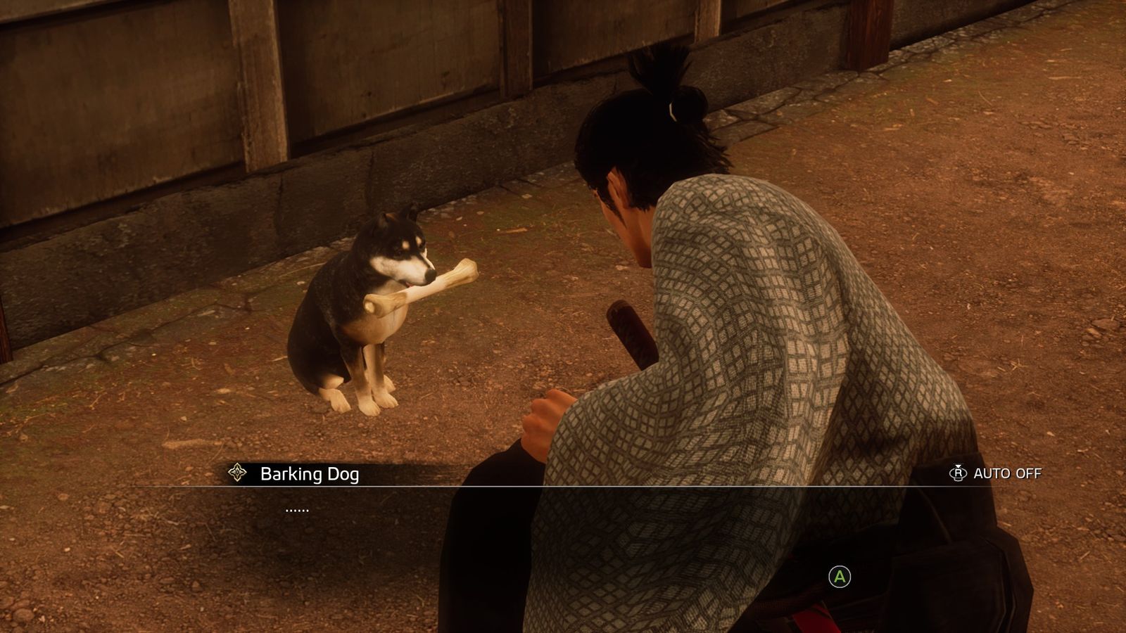 The protagonist petting the Barking Dog in Like a Dragon: Ishin