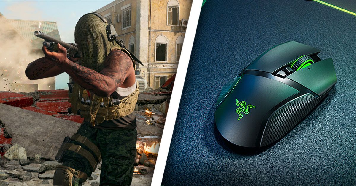 Someone in Warzone firing a weapon wearing a green cloth over their face on one side of a white line. On the other, a black mouse featruing green Razer branding on top.
