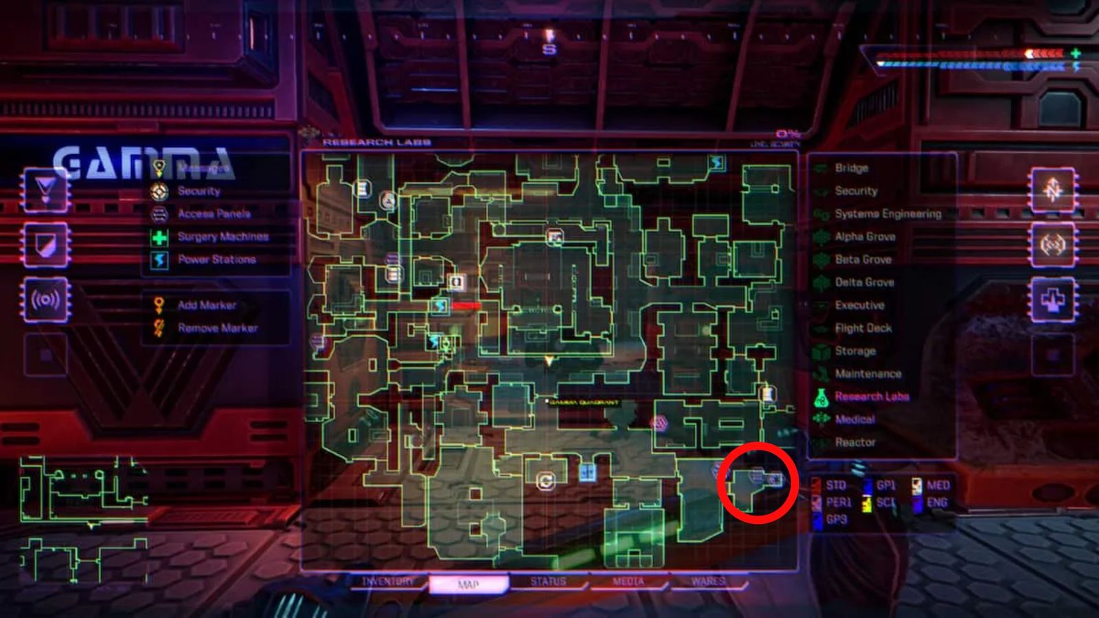 A screenshot of the map location of the Robot Maintenance doors in System Shock Remake.
