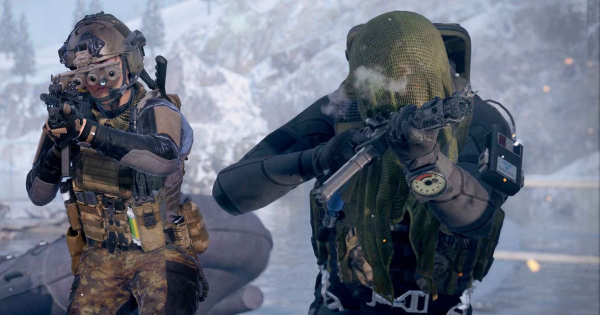 Modern Warfare 3 players aiming down sights of weapons with snow covered foliage in background