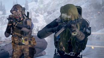 Modern Warfare 3 players aiming down sights of weapons with snow covered foliage in background